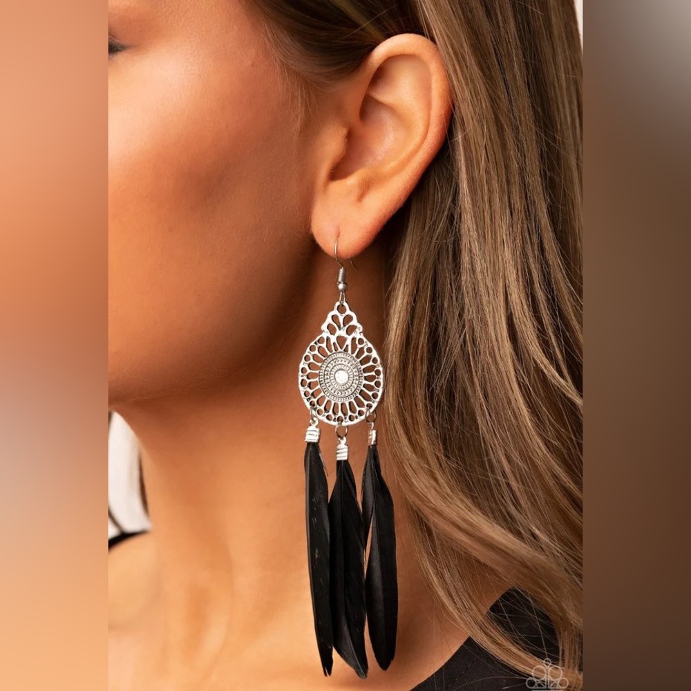 Paparazzi Silver and Black Feather Earrings